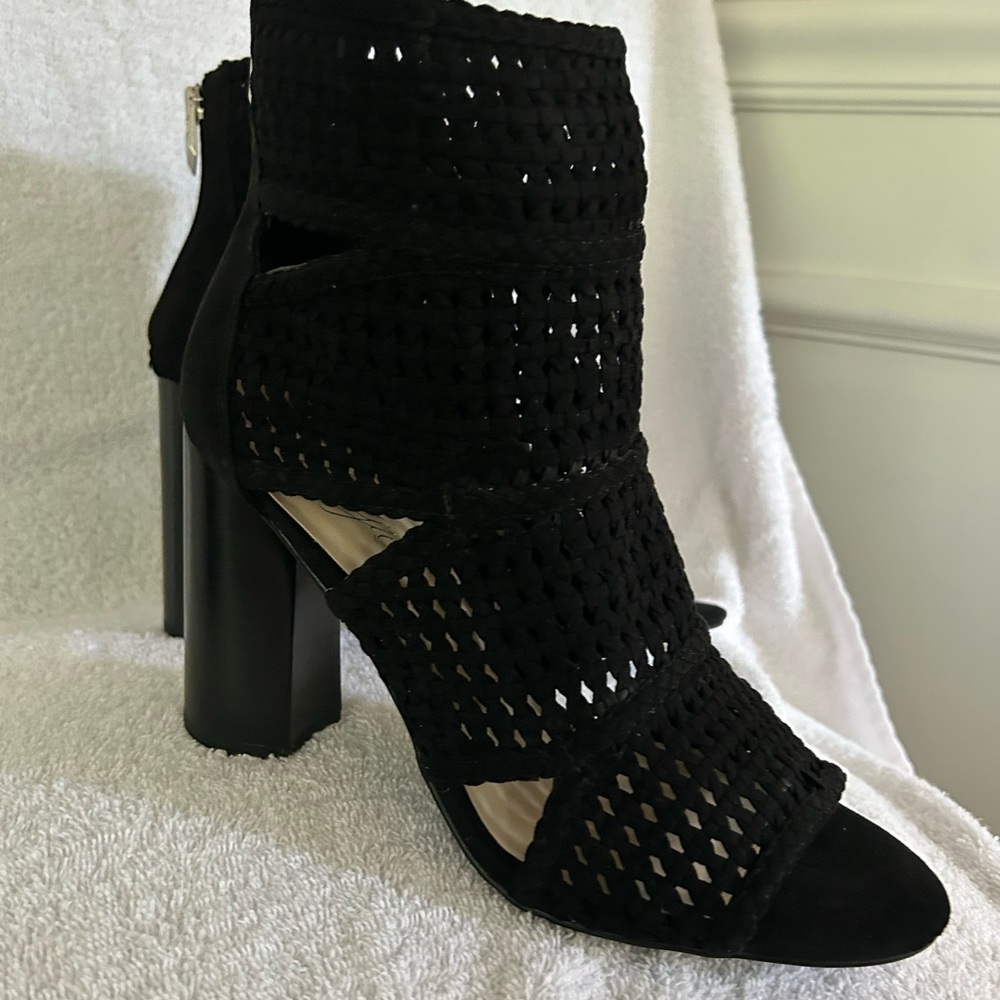 Fergie Black Woven Heels with Chunky Heel